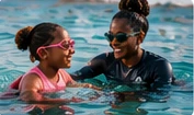 Illustrative instructor helping swimmers in the ocean
