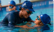 Illustrative instructor helping swimmers in the ocean