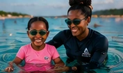 Illustrative instructor helping swimmers in the ocean