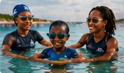 Illustrative instructor helping swimmers in the ocean